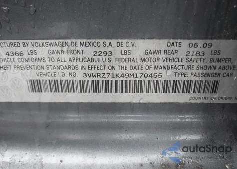 2009 Volkswagen Jetta Se from USA, damaged, VIN 3VWRZ71K49M170455